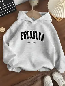 Girls' Hooded Sweatshirt Brooklyn New York Letter Print, Vintage American Style, Casual Fashion, Comfortable Fabric, Spring & Fall Hoodie Letter Logo