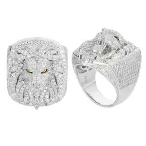 【#R398】S925 Lion Synthetic Moissanite Men Rings Luxury 925 Sterling Silver Ring For Women D VVS Round Synthetic Moissanite Hip Hop Jewelry