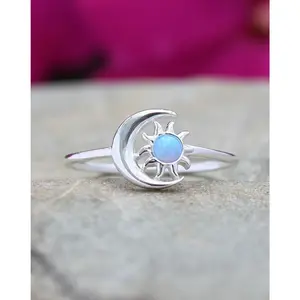 Sterling Silver Sun and Moon Blue Opal Ring