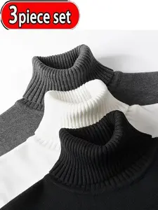 Men's Winter High-Neck Knit Polyester Sweater 3-Piece Set, Casual Fleece- Lined Long Sleeve Pullover, Warm for Daily Wear Knitwear