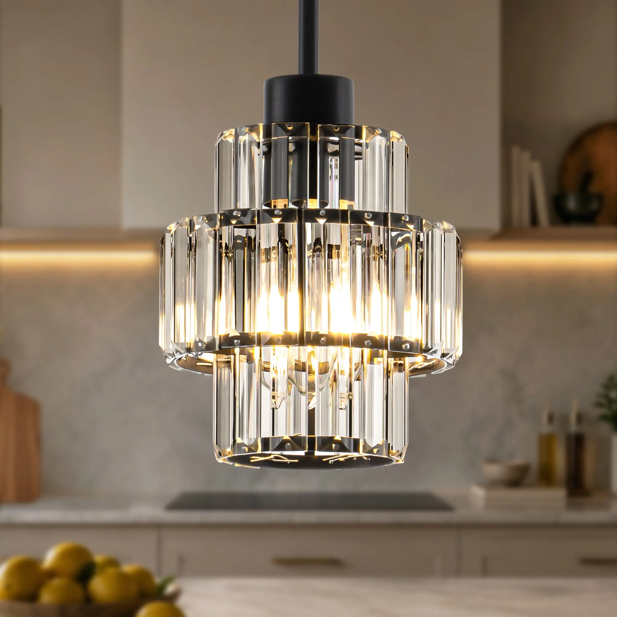 6.5'' 1-Light 2-Tier Round Crystal Rod Pendant Light for Kitchen Island