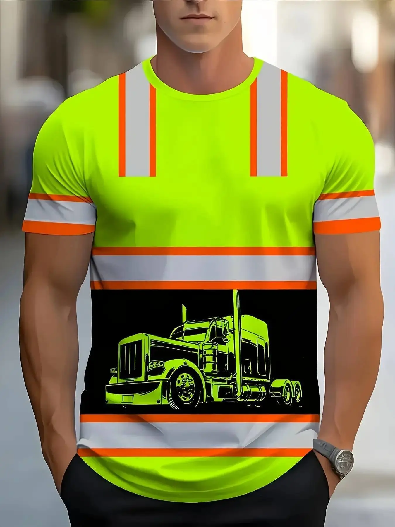 Men's Casual Classic Short Sleeve T-Shirt, Lightweight Breathable Round Neck, Fluorescent Reflective Stripes, All Seasons Wear