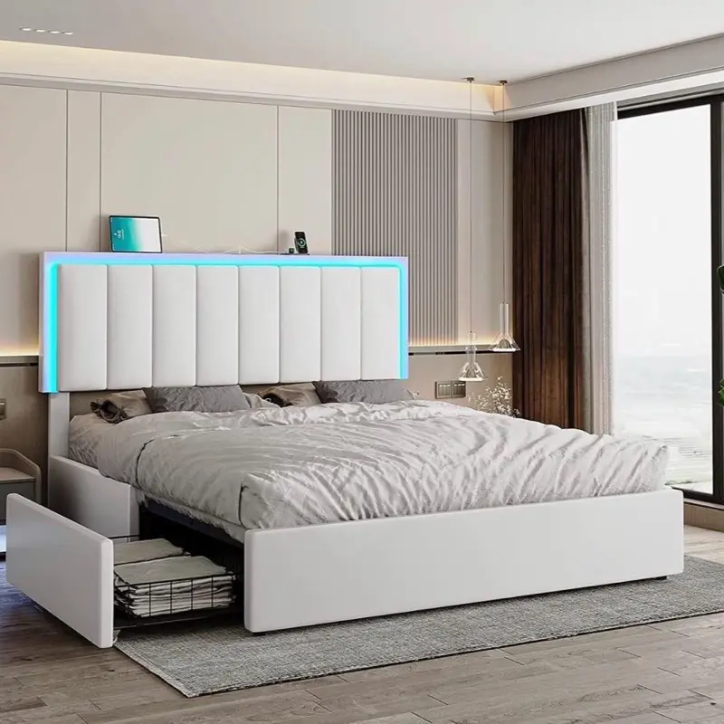 Queen Bed Frame with 4 Storage Drawers and LED Headboard Upholstered Platform