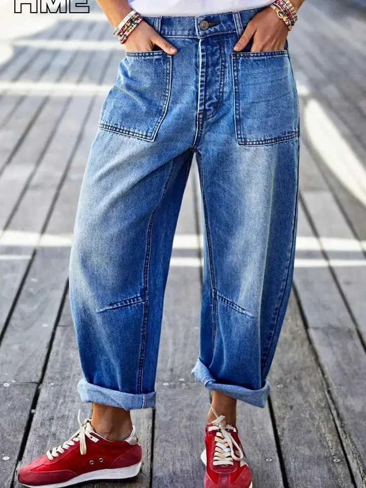 H022 Men's Wide Leg Loose Fit Patch Pocket Jeans Cuffed Straight Denim Pants
