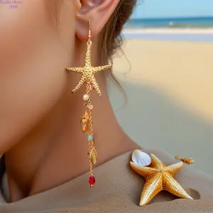 Women’s Boho Starfish & Jellyfish Dangle Earrings, Alloy with Sparkling Crystal Tassel Detail, Trendy Lightweight Statement Jewelry, Ideal Beach Vacation Summer & Daily Casual Wear Accessories