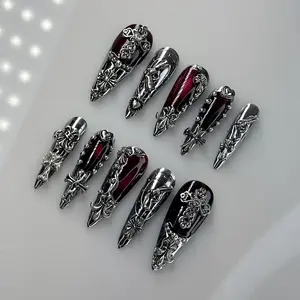 Gothic Chrome Press-On False Nails, Handmade 3D Cross & Gun Art, Silver-Red Acrylic Punk Metallic Reusable Nail Art Decorations