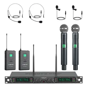 Phenyx Pro PTU-5000-2H2B 4-Channel Wireless Microphone System – 2 Handheld & 2 Bodypack Mics w/ Headset & Lavalier, Fixed UHF Frequencies, Metal Build, Cordless Mic Set for Church, Singing, DJ