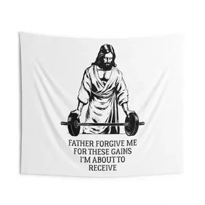 Father Forgive Me |   Custom Gym Tapestry |   Home Gym Flag Decor |   Large Quote Wall Art |   Motivational Inspirational |   Banner |   USA Gray Modern Bedding Set Beige And Brown Jesus With Barbell Print And Father Forgive Me For These Gains I'm About T