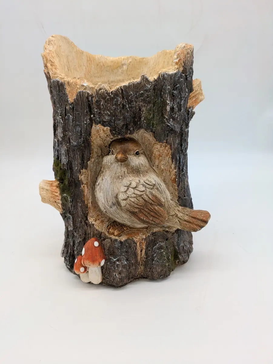 Esschert Design USPL019 Weatherproof Mixed Composite Log Shape Planter, Rustic Home Decor with Faux Wood Bird Accent