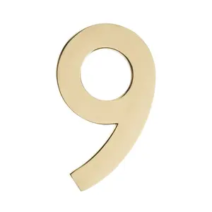 Architectural Mailboxes  Floating House Number 9, Polished Brass - 4 in., Decor, Signs, Metal