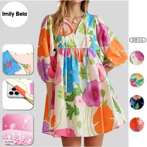 Imily Bela Women's 2026 Summer Floral Babydoll Mini Dress, V-neck Puff Sleeve Dress with Pockets, Classic Comfortable Loose-Fit Boho Beach Sundress