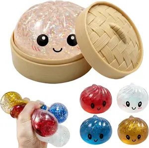 4Pcs Mini Glitter Dumpling Squishy, 2026 Upgrade Glitter Dumpling Squishy Mystery Box, Colorful Dumplings Stress Balls Fidget Sensory Toy, Stocking Stuffers with Food Steamer Stretchy Desk Toys