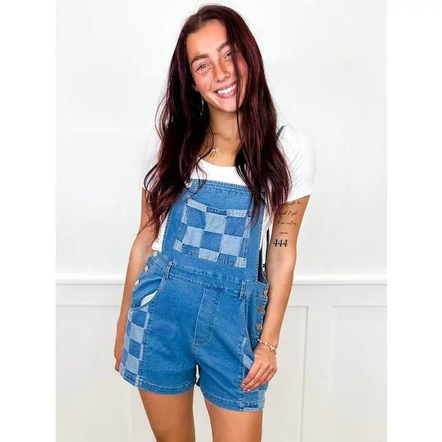 Checker Print Overall Romper for Women, Vintage Pin-Up Aesthetic Cotton Spandex Denim Shorts with Pockets & Adjustable Straps, Overalls, Polyester, Fit, Style, Top