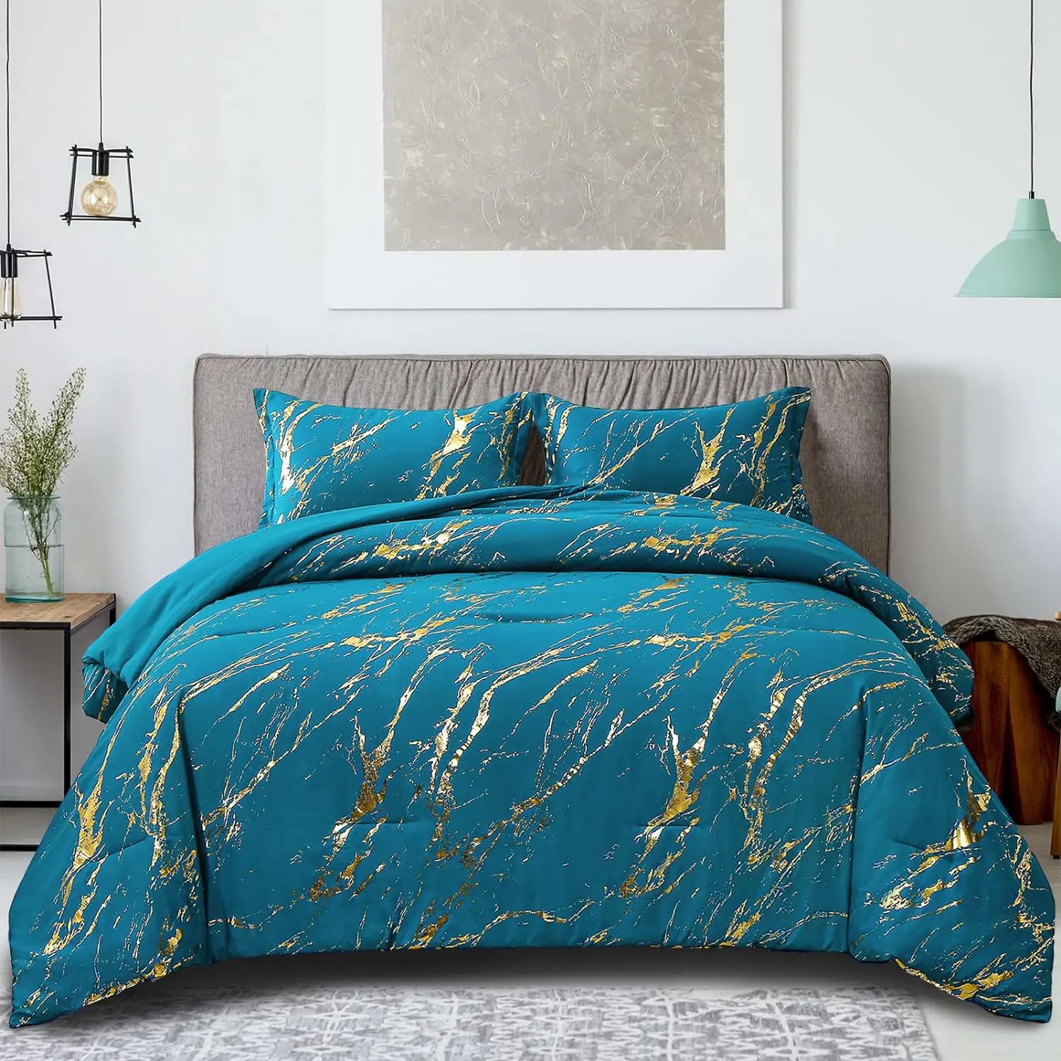 Teal  Metallic Marble Comforter Set  Foil Print Glitter  Sets with 2 Pillowcases for All Seasons, Soft Microfiber Filling  Duvet Set 90"x90"