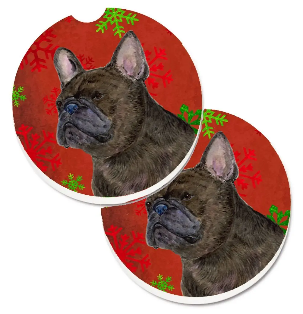 French Bulldog Red & Green Snowflakes Holiday Christmas Set of 2 Cup Holder Car Coaster