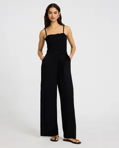Express Square Neck Tie Waist Split Leg Jumpsuit with Pockets