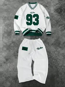 Men's Letter Number Print V-Neck Sweater Set, Casual Fitted Long Sleeve Sportswear, Drawstring Pants, Fall & Winter 2 Piece Pack, Casual Sweatsuits