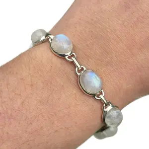 Sterling silver rainbow moonstone cabochon bracelet