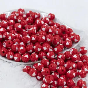12mm Red with White Heart Chunky Acrylic Bubblegum Beads [20 Count]