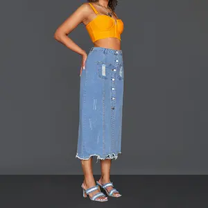 Front Button Closure Denim Jean High Waist Skirt with 2 Pockets Comfortable Stretchy Flattering Fit Classic Mid Rise Women's Fashion