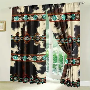 2 Pieces Western Cowhide Curtains - Brown and Teal Aztec Style Design with Geometric Patterns, Lightweight Polyester Curtains for Bedroom and Living Room Decoration, Perfect Gift for Women, Cowhide Decoration