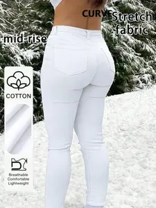 Women's Plus Size High Elastic Comfortable Jeans Fit, Nine-Inch, Button Closure, Casual Daily Wear, Versatile