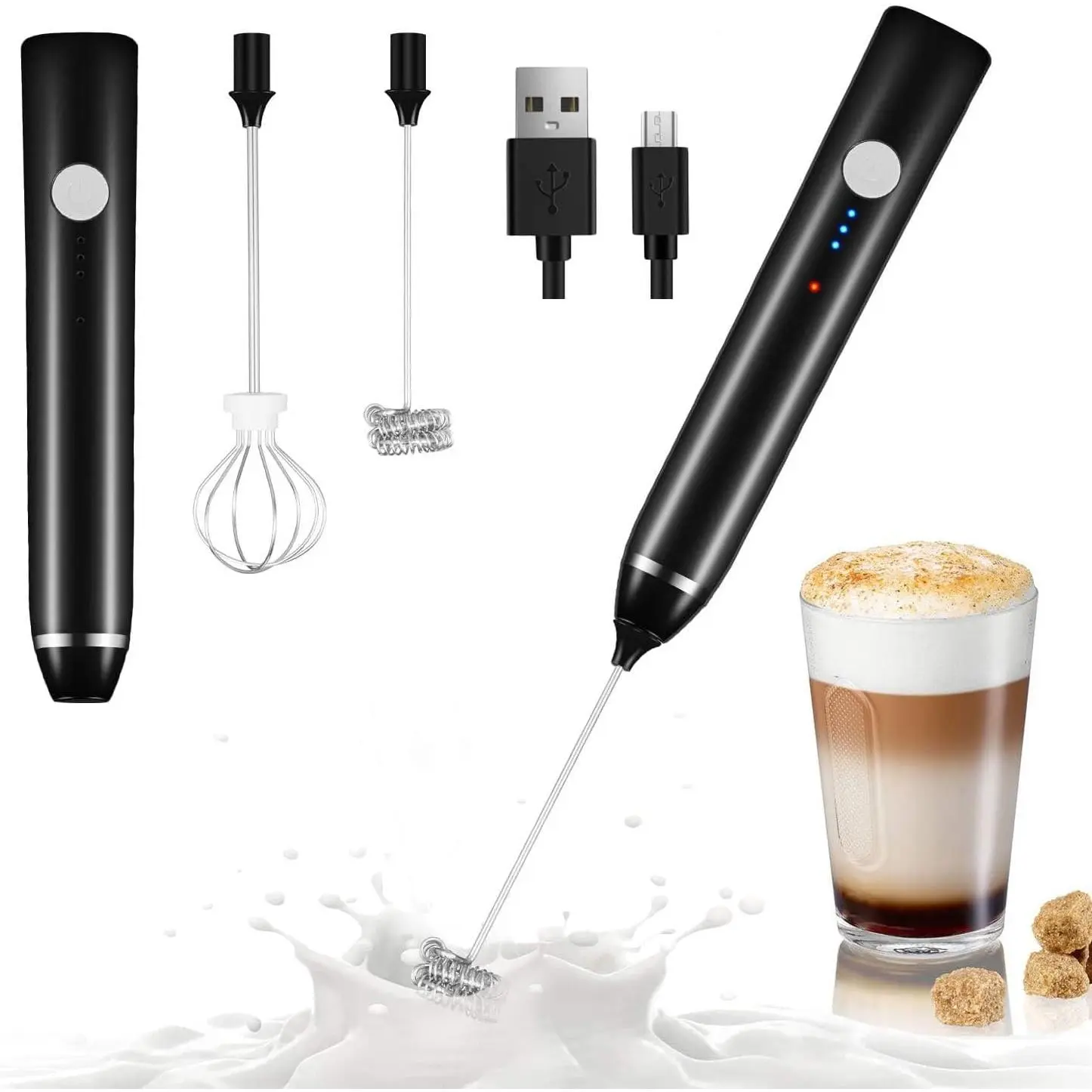 Milk Frother Handheld, USB Rechargeable Electric  Wand Maker for Coffee, 3 Speeds Mini Milk Foamer Drink Mixer with 2 Whisks for Bulletproof Coffee Frappe Latte Cappuccino Hot