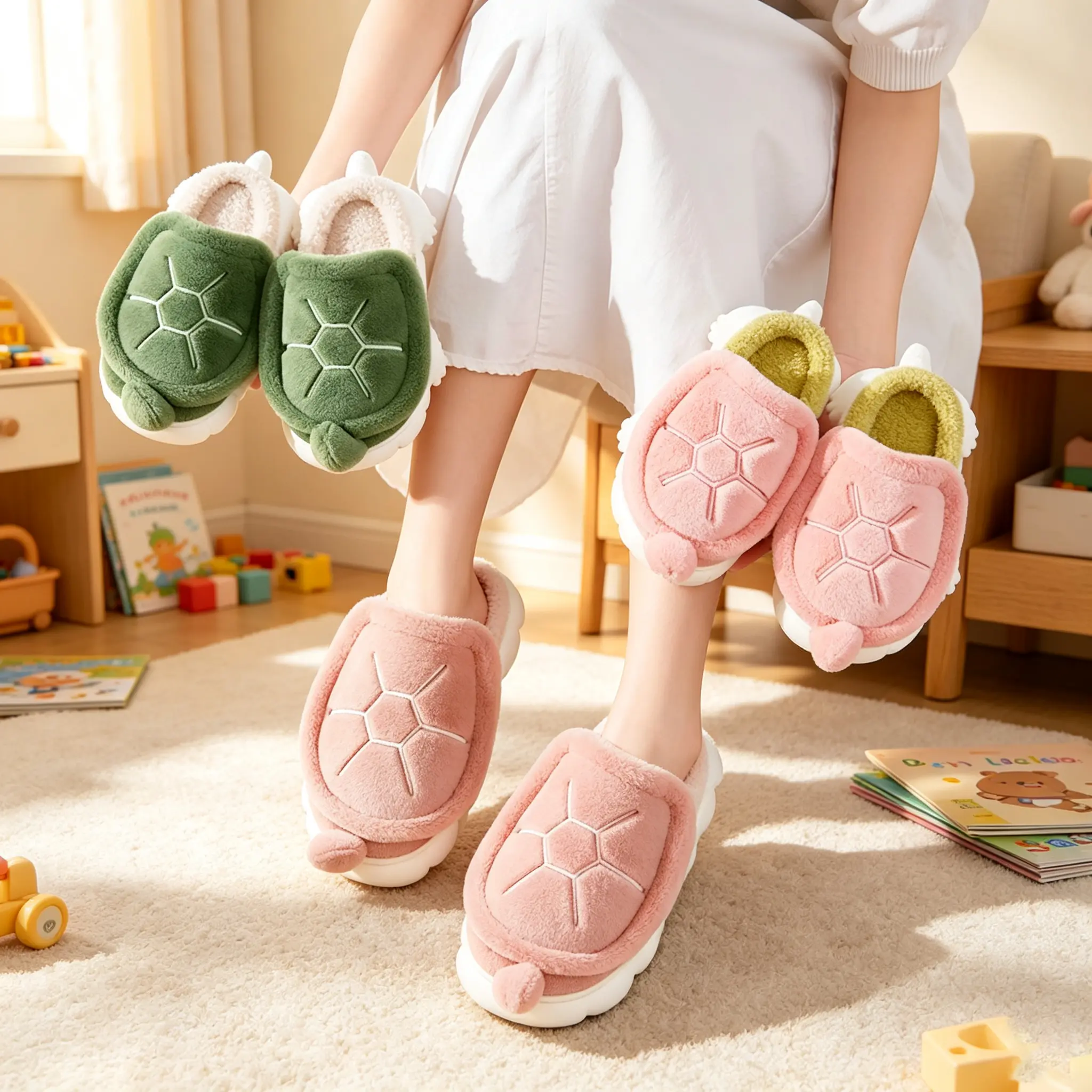 Matching Family Argyle Print Turtle Slippers - Women's & Kids' Cute Plush-Lined Winter House Shoes, Warm Non-Slip EVA Sole Indoor Wear, Mommy & Me Christmas Gift