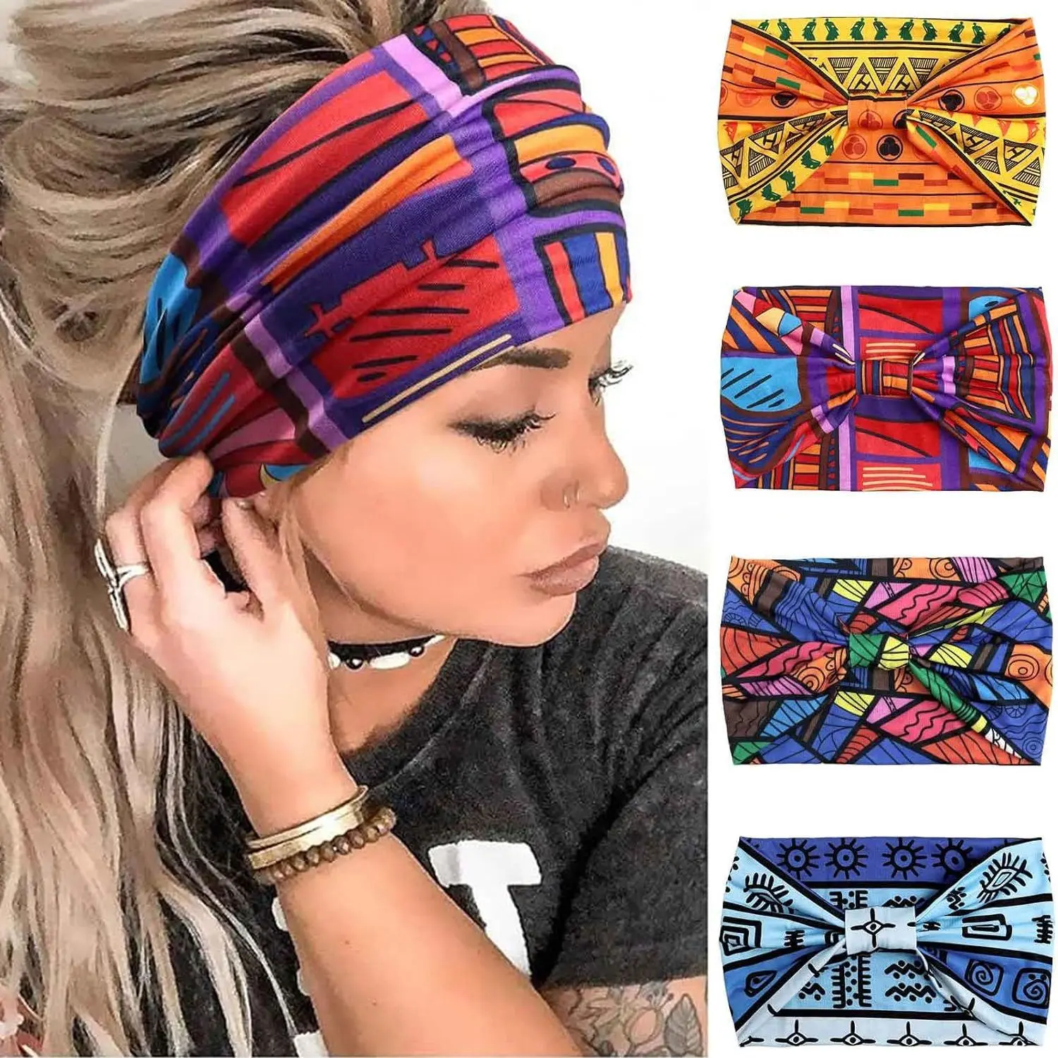 Women's Wide Polyester Headbands - Boho Knotted Non-Slip Turban Headwrap Workout Yoga Bandeau Hair Accessories, Set of 4, Polyester Band, Set Of Four