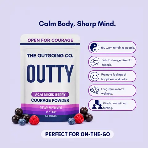 The Outgoing Co. Outty Courage Powder 15 Pack Social Nootropic for Enhanced Confidence & Interactions Acai Mixed Berry Flavor Nootropics & Adaptogens Social Battery Boost