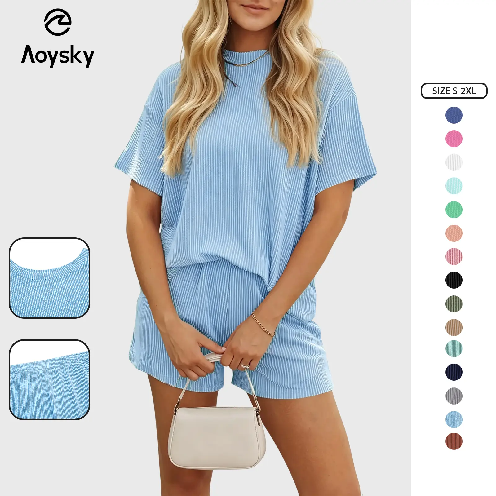 Aoysky Women's 2-Piece Oversized Lady Summer Short Set - Minimalist Basic Round Neck Ribbed Sleeveless Casual Beach Clothes (2025), 2 Piece Sets, Women's Clothes, Women's 2 Piece Set, Two Piece Sets Women