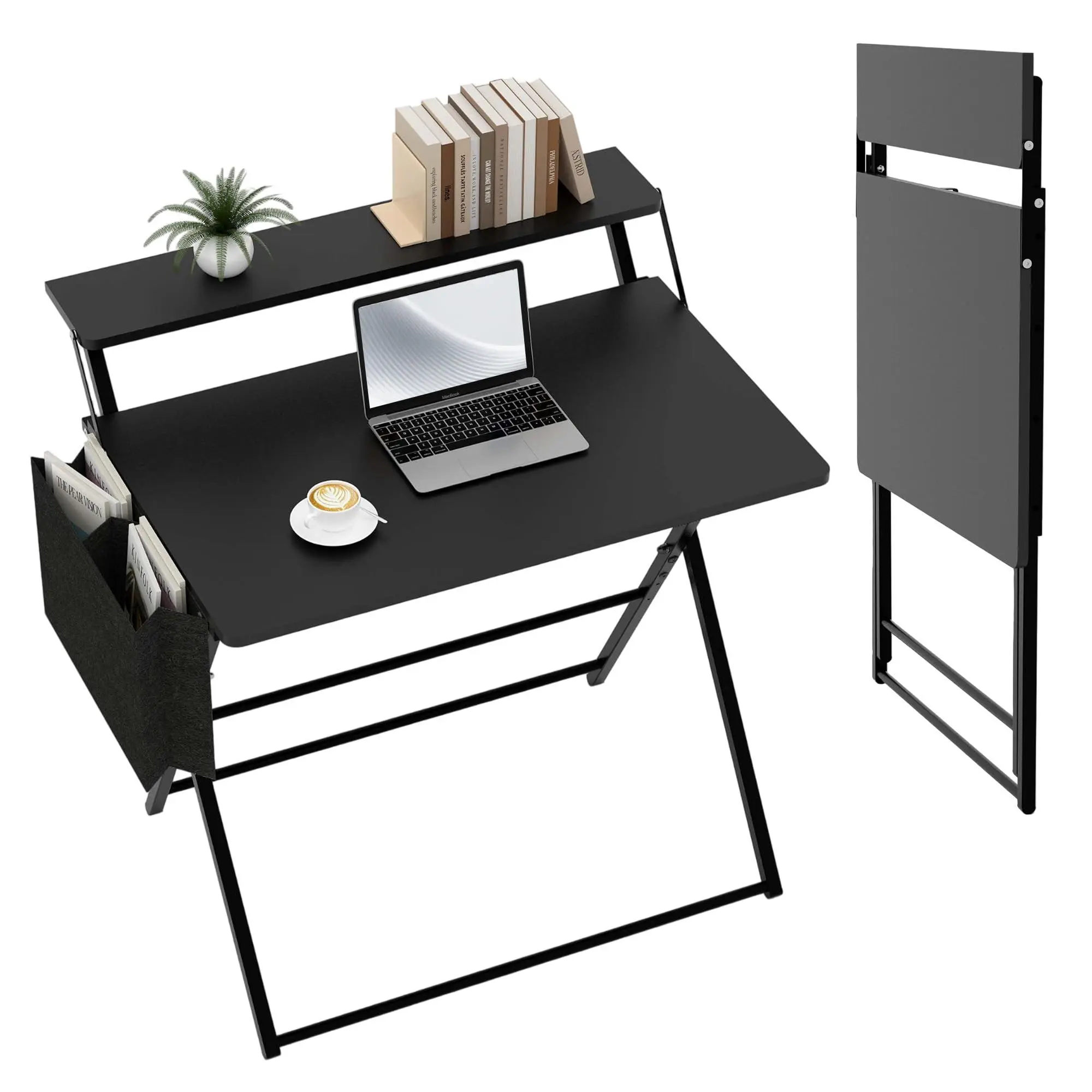GARVEE 31.5 in No-Assembly Small Desk, 2-Tier Compact Computer Desk with Shelf & Side Pocket, Space-Saving Foldable Table for Home Office & Bedroom, Sturdy Portable Indoor Furniture