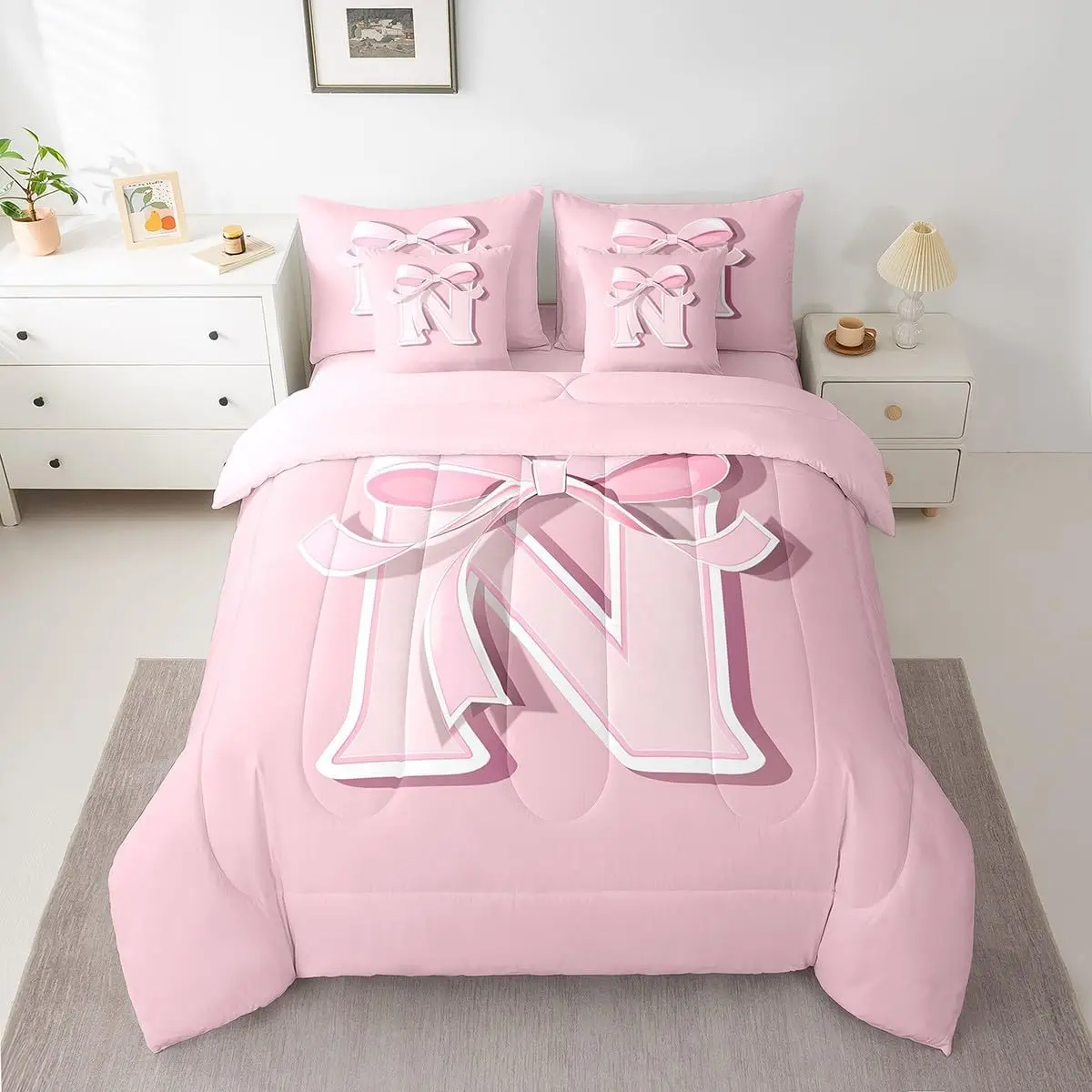 Feelyou 7-Piece Kawaii Pink Bowknot Bedding Set - Soft, Breathable, Durable Multi-Size Bedroom Bundle (Single, Queen) with Comforter, Bedsheets, Pillowcases, Personalized Letter & Initial Blanket, Machine Wash, Ideal for Cozy Bed Setup, Girls' Decor Gift