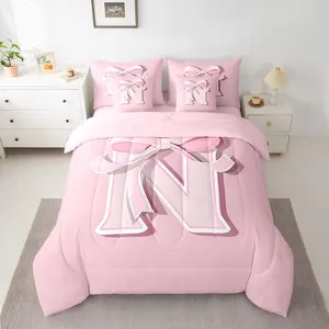 Feelyou 7-Pieces Kawaii Pink Bowknot Bedding Set - Soft Breathable Bed in a Bag with Comforter, Sheets, Pillowcases, Personalized Initial N Decor Gift for Girls, Soft Breathable Bedding