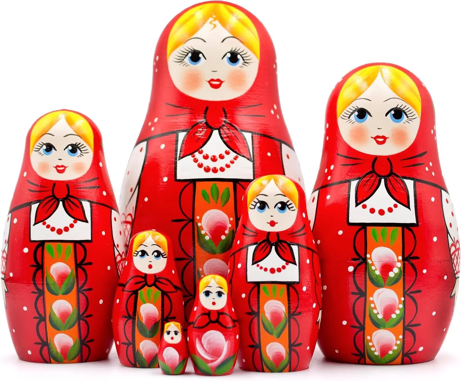 Set of 7 Hand Painted Russian Nesting Dolls, Baboushka Matryoshka with Red Head Scarf Sarafan Dress and Ornaments, Traditional Wooden Stacking Dolls Матрешка