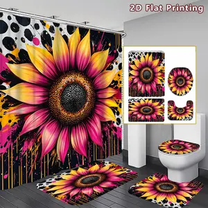 4PCS Colorful Sunflower Shower Curtain set, Vivid Pink and Yellow Sunflower with Black Splash Bathroom Decor, Accessories with Bath Mat, U-shaped Mat, Toilet Lid Cover, 12 Hooks 180x180cm Curtain, Floral Art Lover, Home Decor, bathroom accessories