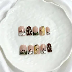 Vintage Y2K French Polka Dot Nail Art, Colorblock Tips + Metal Embossing + Blend, Handmade Reusable, Short Square Nails