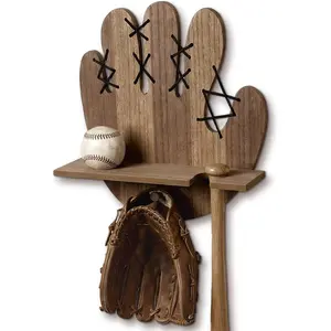 Baseball Bat Holder and Ball Display Rack Wall Mount Shelf Palm Wooden  Memorabilia and Collectibles Rustic Floating Storage Rack Hanger Storage Organizer