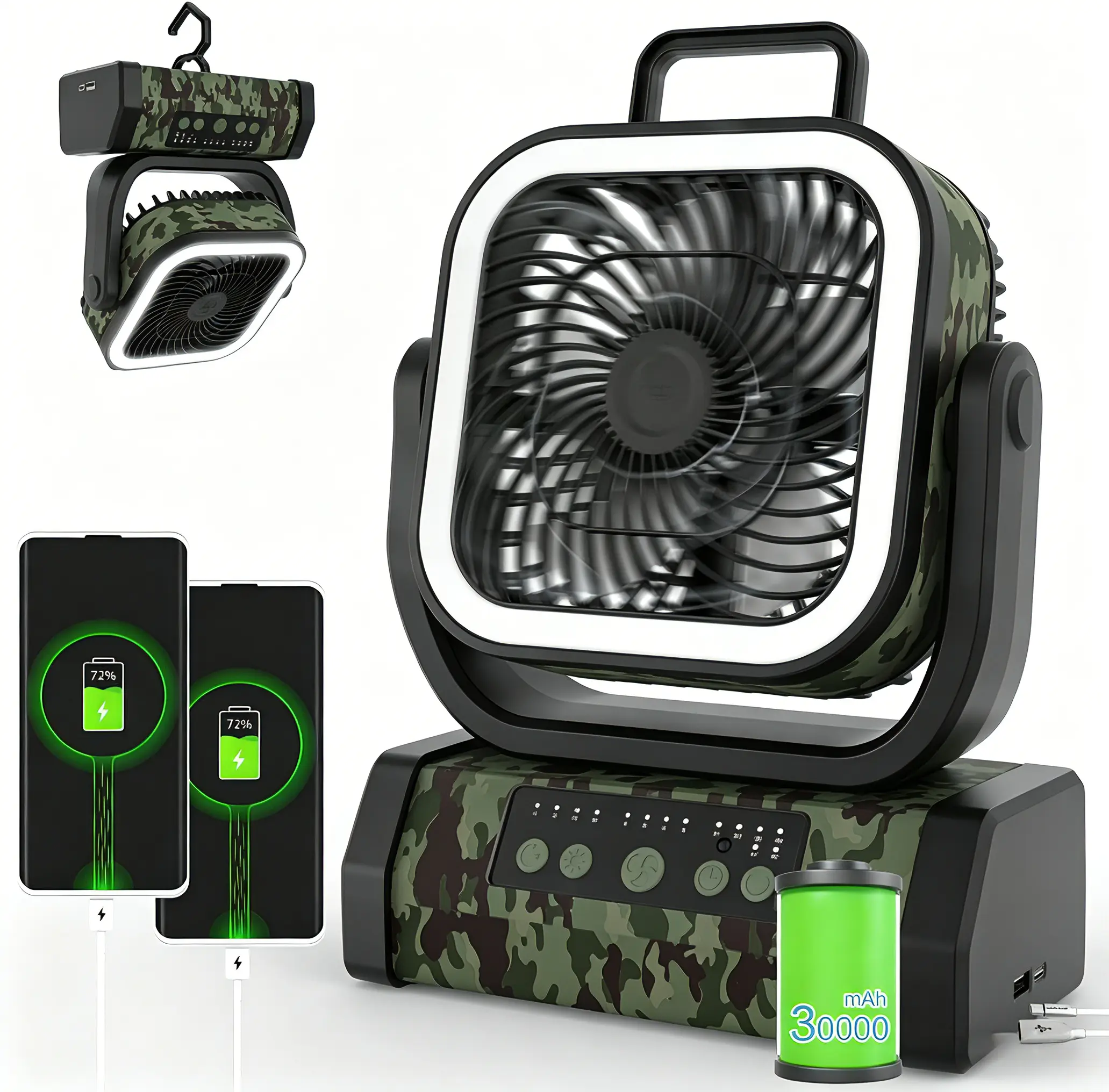 30000mAh Rechargeable Camping Fan with LED Light, Portable Multifunctional Fan with 360° Swivel Hook, USB rechargeable camping fan with power bank,Oscillating Emergency Camping Fan for Indoor, Outdoor, Tenting, Traveling