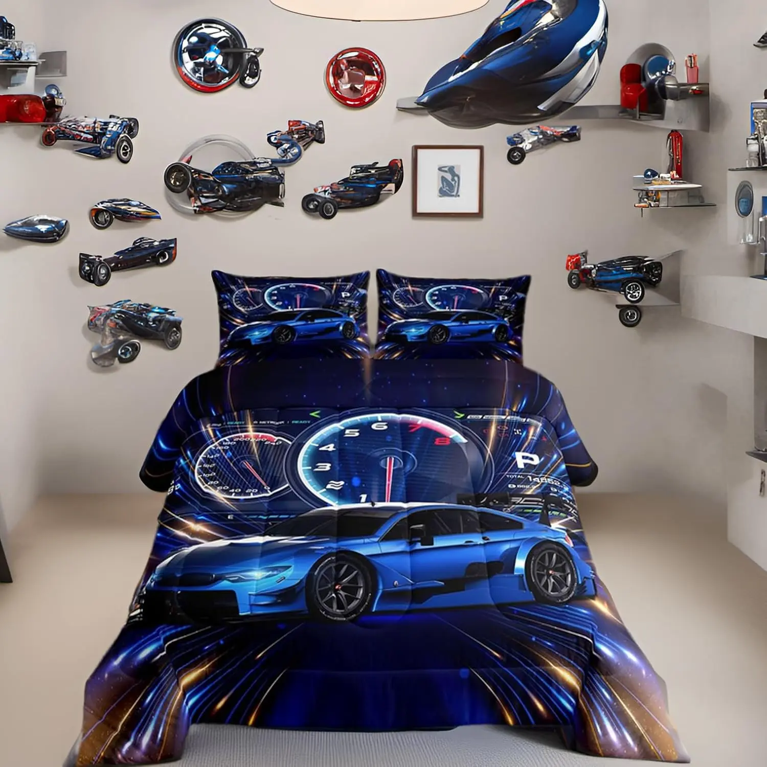 Feelyou Race Car Bedding Set - Cool Sports-Themed Extreme Racing Comforter Set for Boys, Kids' Beddingset, Bedding Sets For Children, Twin