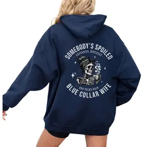 Blue Collar Wife Hoodie Somebody’s Spoiled Funny Skull Wife Graphic Hoodie Blue Collar Humor Gifts For Women