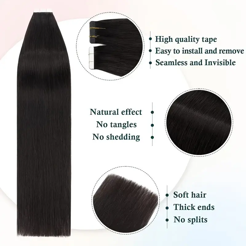 Tape In Straight Hair Extensions Human Hair 100% Remy Hair Extenisons20pcs/Pack#1B Natural Black 16-26 Inch Straight Seamless Invisible Skin Weft Extensions