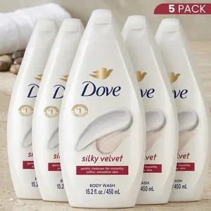 Dove Silky Velvet Body Wash, 5-Pack (15.2oz/450ml) - Moisturizing, Hydrating, Refreshing with 1/4 Moisturizer Cream Technology for Soft, Smooth Skin