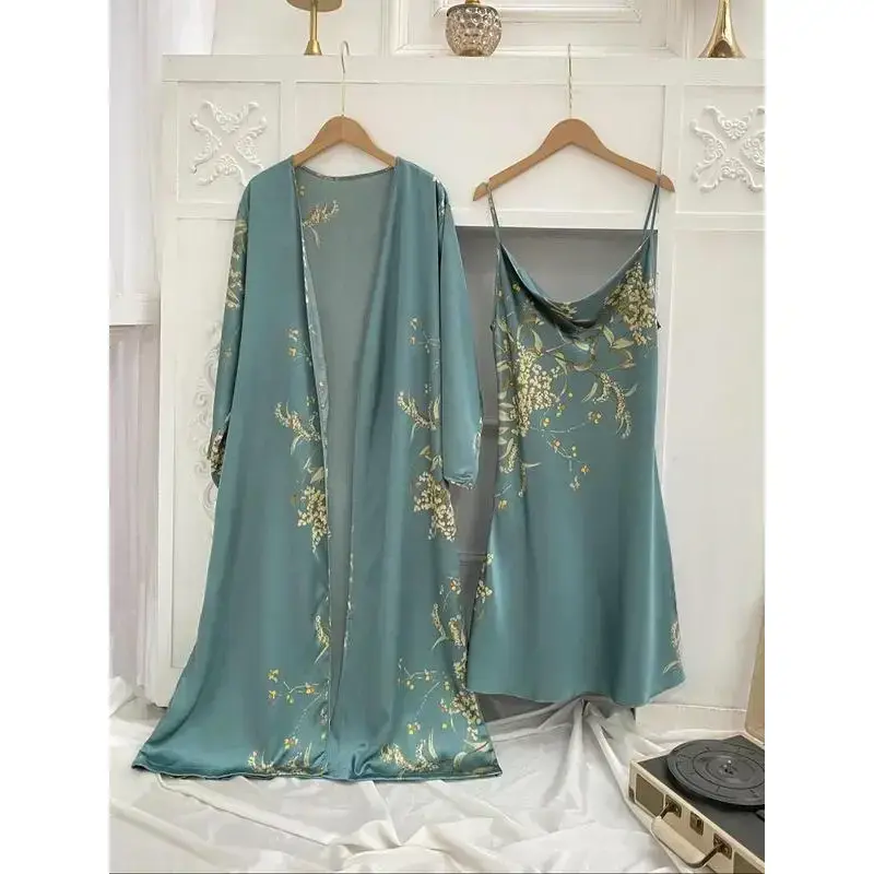 Women's Floral Print Belted Lounge Robe & Adjustable Cami Nightdress Satin Pyjama Set, Elegant Dressing Gown & Cowl Neck Backless Nightdress, Ladies SleepwearGift Women's Floral Print Belted Lounge Robe & Adjustable Cami Nightdress Satin Pyjama Set, Elegant Dressing Gown & Cowl Neck Backless Nightdress, Ladies SleepwearGift