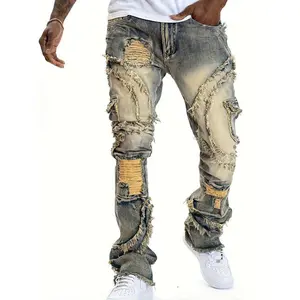 Men's Slim Fit Ripped Jeans - Black, Distressed Denim with Straight Leg, Hip Hop Streetwear Style, Cotton Blend Flare Menswear baggy pants skinny jeans baggy jeans men