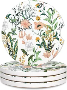 Cup Holder Coaster,  Coasters for Cup Holders, 4 Pack Universal Anti Slip Insert Absorbent Ceramic Auto Interior Accessories with A Finger Notch & Cork Base, Village Road