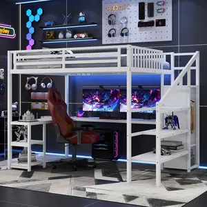 Queen Size Loft Bed with Desk and Stairs, Gaming Loft Bed with RGB LED Light and Storage, Heavy-Duty Metal Loft Beds Frame with Wardrobe, Shelves and Charging Station, White