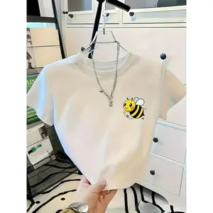 2026 New Trendy Women'S Short-Sleeved High-Waisted T-Shirt - Cute Little Bee Animal Unique Print Design Versatile Fashion Sweet Cool Spicy Style Literary Daily Versatile Easy Trendy Medium Stretch Fabric Breathable Comfortable Four Seasons Casua