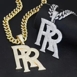 2pcs Practical Hip-Hop Pendant Large Double R Letter Exaggerated Alloy Pendant Gold Cuban Necklace for Men