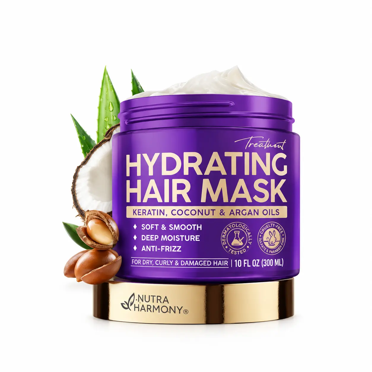NUTRAHARMONY Hydrating Hair Mask for Damaged Hair - Keratin Hair Treatment w/ Argan & Coconut Oil | Biotin | Collagen - Deep Conditioner For Dry Hair, Hair Repair & Moisturizing Hair Mask for All Hair Types 10 Oz
